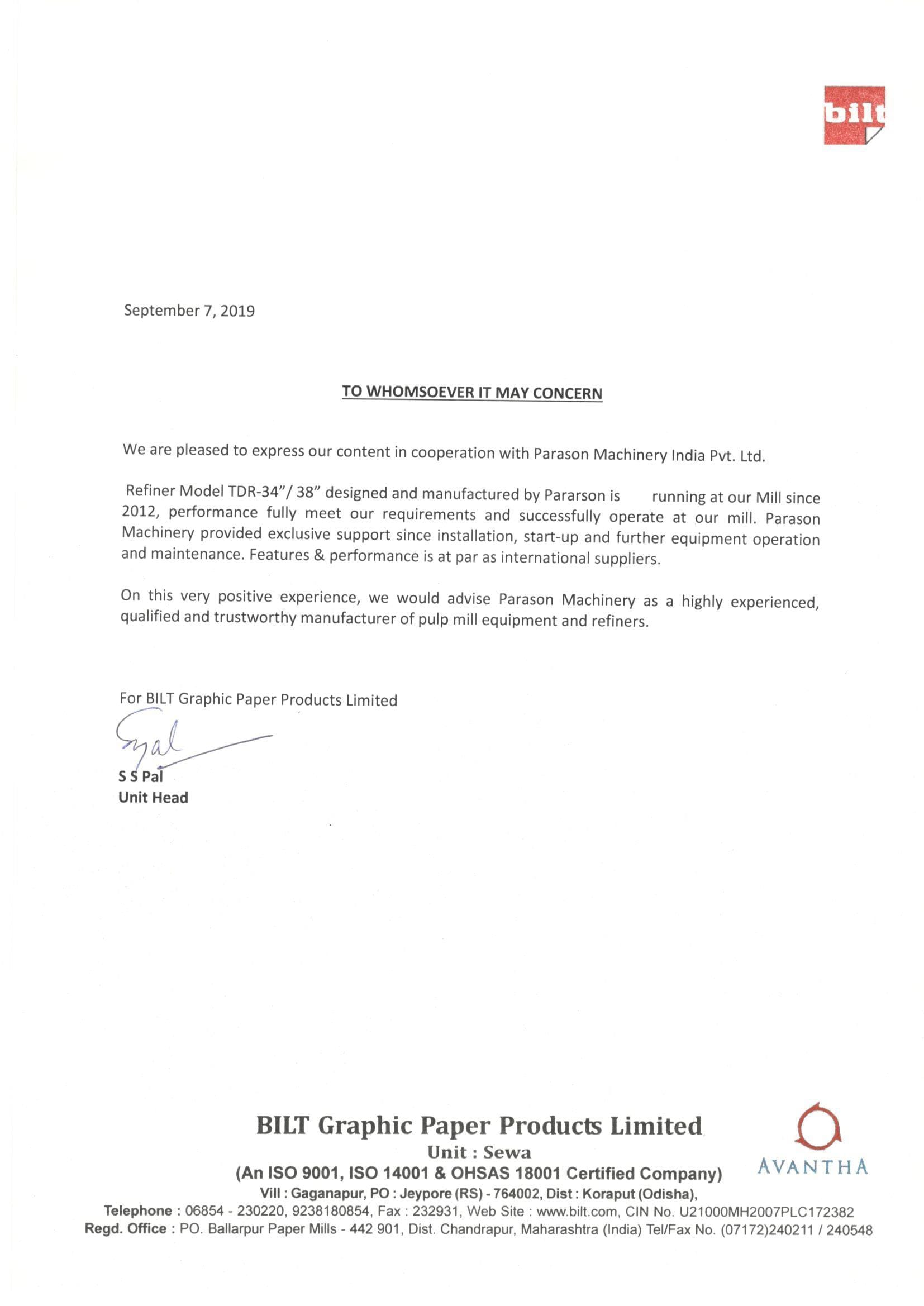 BILT Graphic Paper Products appreciation letter